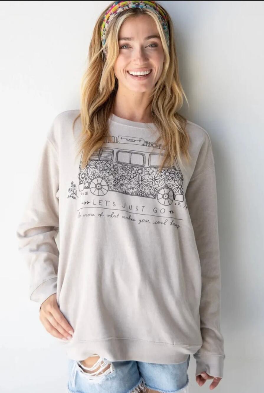Natural Life Comfy Pocket Sweatshirt Let's Just Go Van Graphic Oatmeal Size L